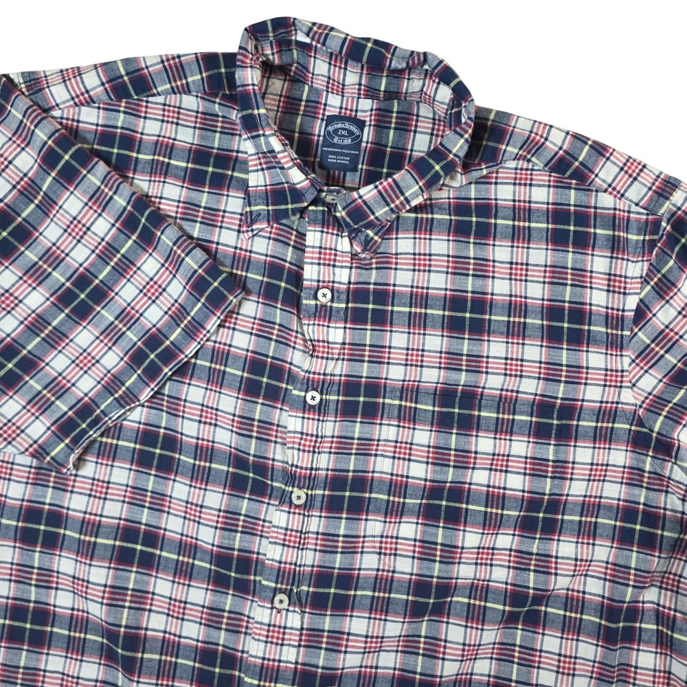 Brooks Brothers Button Down Shirt Men 2XL Blue Red Plaid Short Sleeve  Shirt